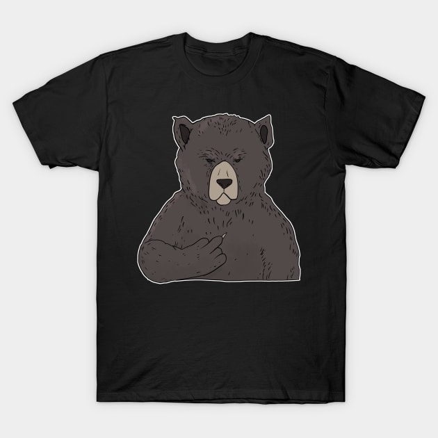 Grumpy Brown Bear Holding Middle Finger T-Shirt by Mesyo